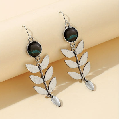 Retro ethnic style creative leaf fringed turquoise design pendant earrings zinc alloy silver plated women's jewelry