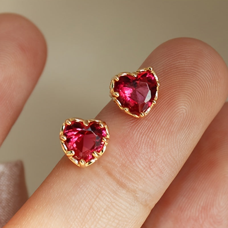 Women's Elegant Heart Synthetic Ruby Stud Earrings - Nickel-Free Copper, Ideal for Casual Attire and Parties, Ideal for Valentine's Day Gifts