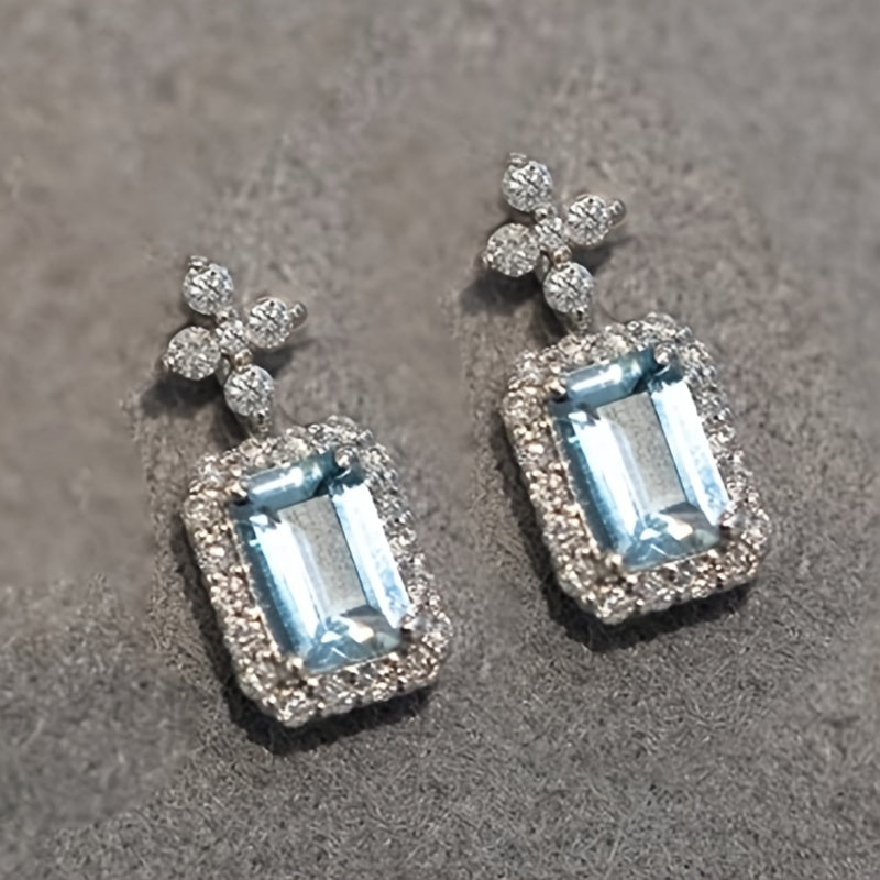 Elegant flower design, square sparkling light blue synthetic diamond earrings, vintage style fashion jewelry, suitable for women, events and casual daily wear accessories