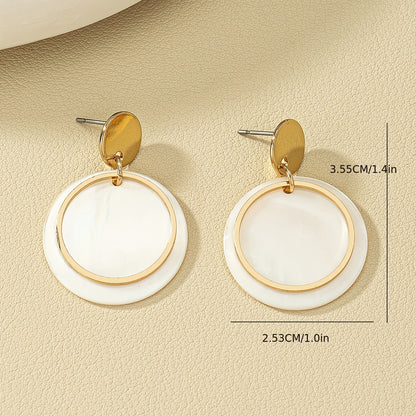 Elegant style, elegant minimalist shell metal earrings with golden tones and white round design - stainless steel stud earrings, perfect for Casual Attire or vacation