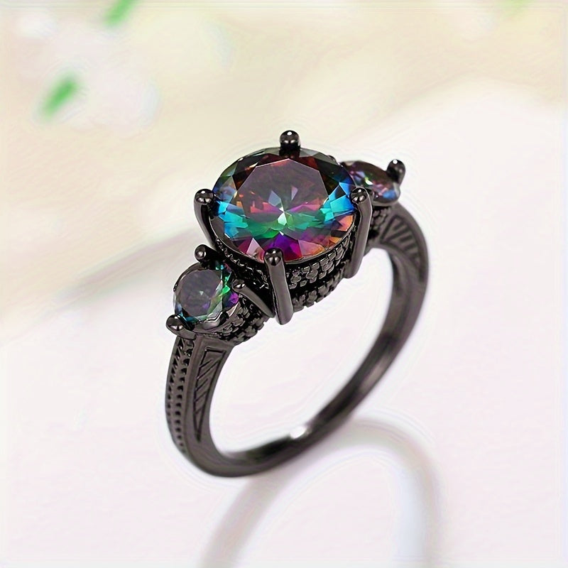 The stylish ring set with sparkling gemstones reflects the colorful lights, symbolizing mystery and beauty as the perfect anniversary/birthday gift for your loved one