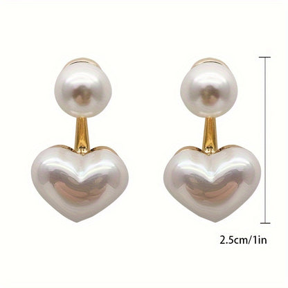 1 pair of classic heart-shaped imitation pearl stud earrings, anti-allergic platinum-plated alloy with acrylic inlay