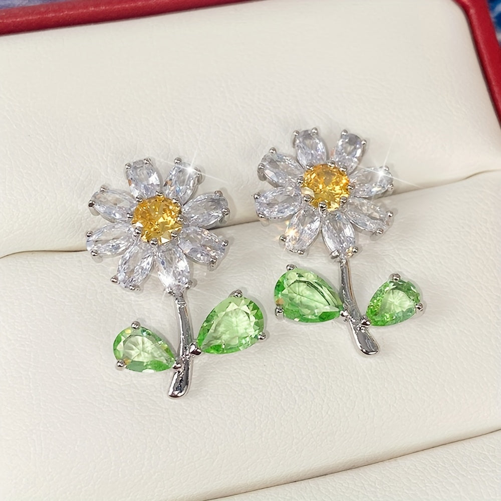 Creative design flower-shaped yellow faux gemstone 925 silver-plated Zirconia stud earrings, ladies birthday party gift jewelry
