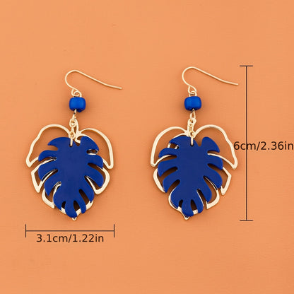 Bohemian Blue Leaf Pendant Earrings - Gold Alloy with Bold Blue Leaves and Light Blue Beads, Perfect for Casual Clothing or Holiday Accessories, Four Seasons Jewelry | Natural Style Design | Light Blue Embellishment, Bohemian Earrings