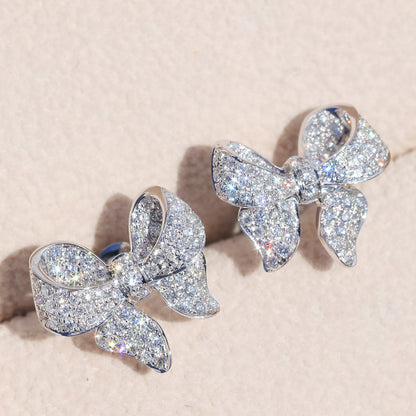 Shiny bow-shaped stud earrings inlaid with shiny zircon elegant copper earrings decorated with sweet daily jewelry