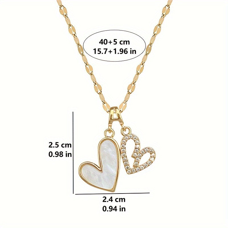 Stylish Double Heart Pendant Necklace, Imitation Shell & Cubic Zirconia - 18K Gold Plated, Stainless Steel - Perfect for Anniversaries, Birthdays, Christmas Gifts