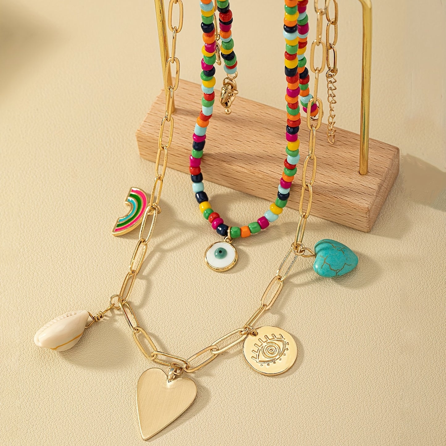2 pieces vintage bohemian stone, shell, rainbow bead necklace