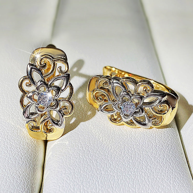 Retro Elegant Flower Shape Zirconia Earrings 18K Gold Plated Ear Jewelry For Women Ladies Banquet Party Anniversary Gift