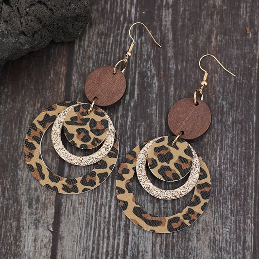 Cross-border new sexy hollow ring leopard print sequined splicing wooden PUPU leather earrings