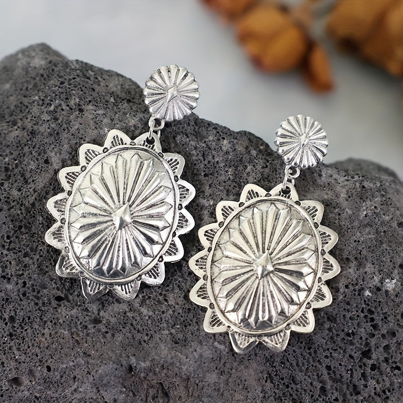 Silver Flower Pattern Carved Pendant Earrings Vintage Ethnic Style Alloy Jewelry Exquisite Women's Gifts Daily Casual