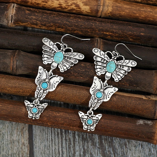 Bohemian Turquoise Butterfly Tassel Earrings - Vintage Silver Plated Alloy for Casual Decor