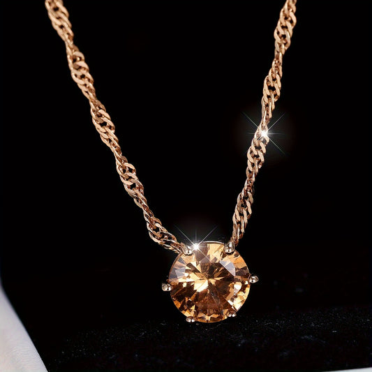 An elegant vintage-inspired champagne-colored cubic zirconia pendant necklace, round six-claw inlay, copper chain, party and wedding accessories