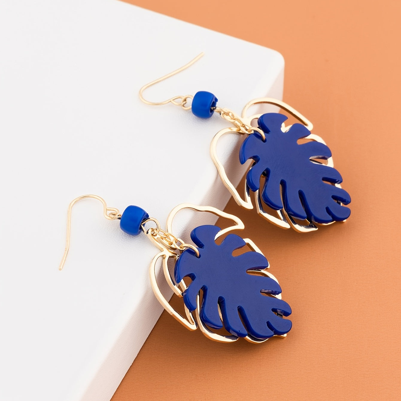Bohemian Blue Leaf Pendant Earrings - Gold Alloy with Bold Blue Leaves and Light Blue Beads, Perfect for Casual Clothing or Holiday Accessories, Four Seasons Jewelry | Natural Style Design | Light Blue Embellishment, Bohemian Earrings
