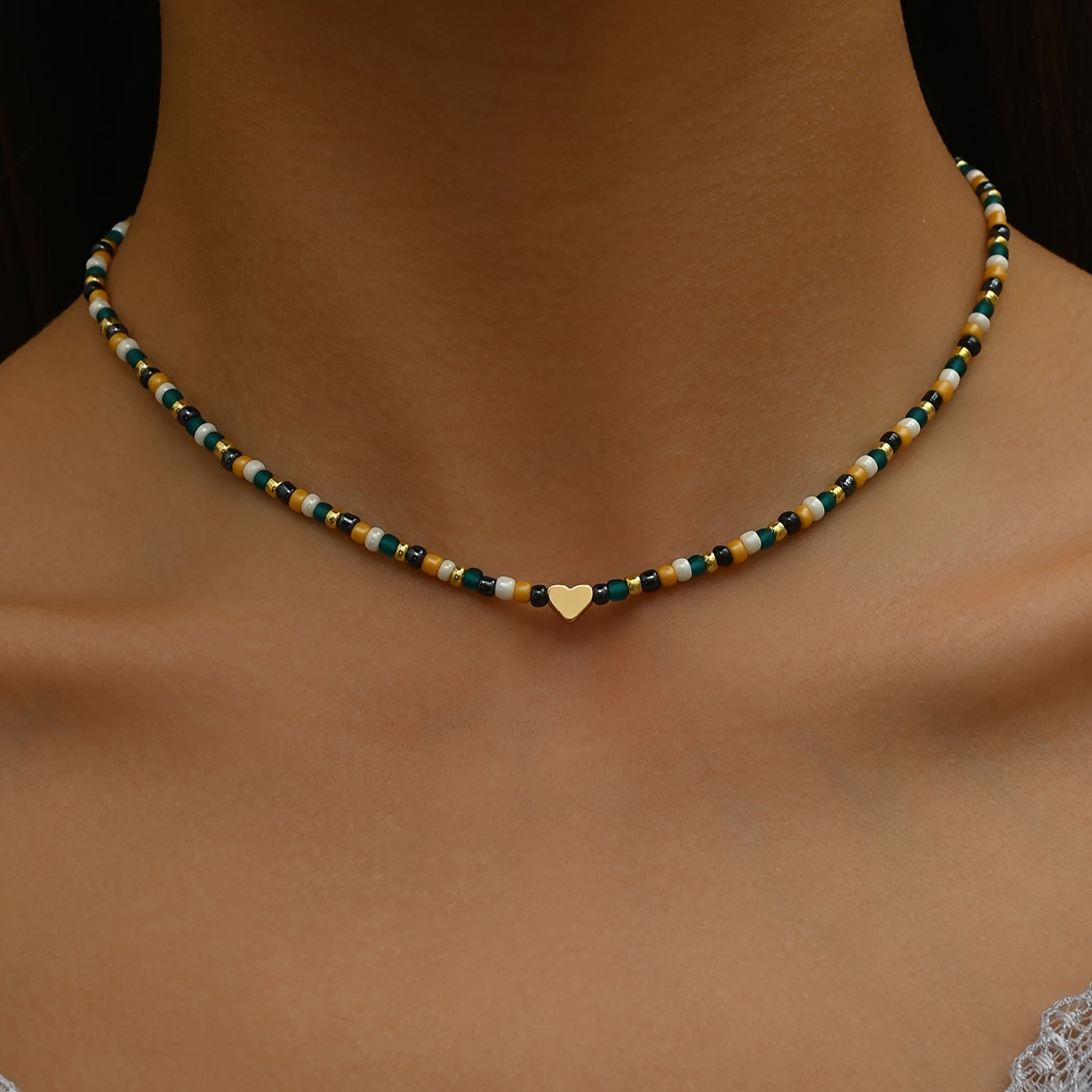 Bohemian Tribal Beaded Necklace with Heart Charm - Beach Vacation Bead Necklace, Everyday Wear Jewelry Accessories - No Plating, Versatile in All Seasons