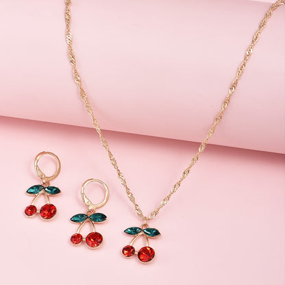 Sweet Cherry Crystal Pendant Necklace and Earrings Set Delicate Fruit Gold Chain Jewelry Set Gift