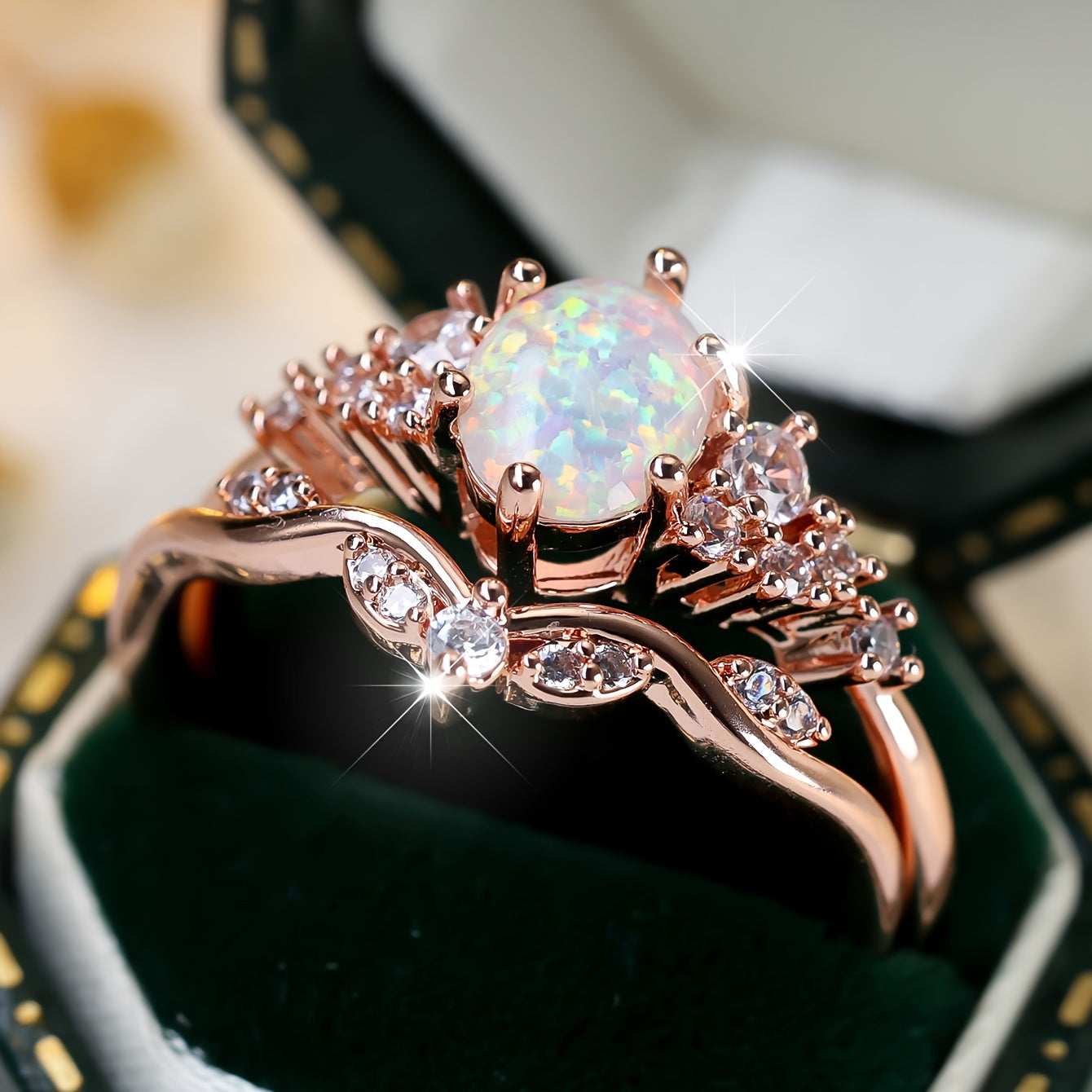 2 exquisite luxury egg-shaped white synthetic opal edged with white synthetic zircon ring, removable and wearable.