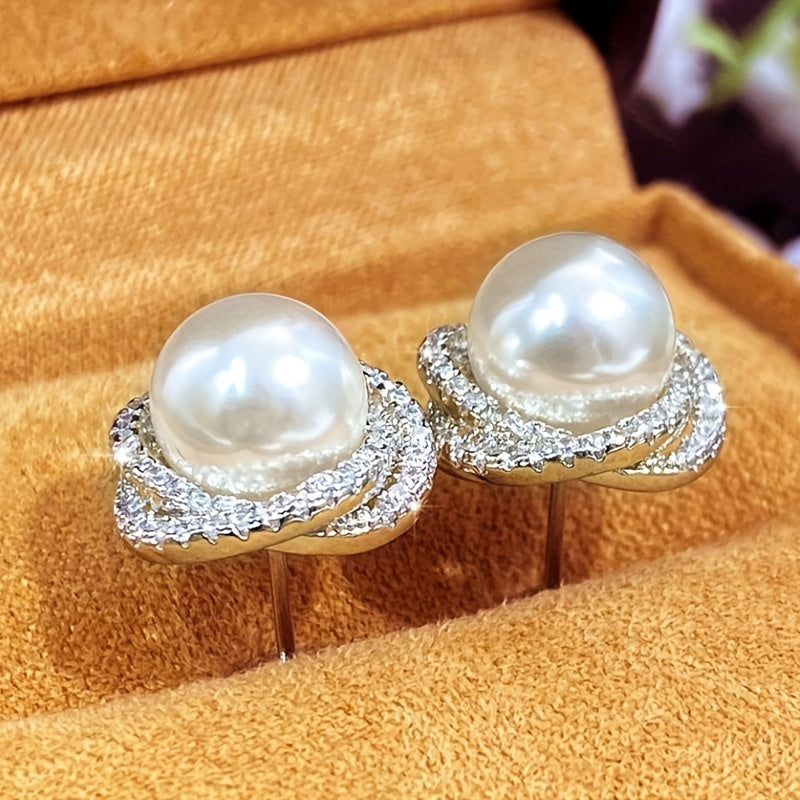 1 pair of classic elegant imitation pearl stud earrings, bridal wedding engagement banquet earrings, pearl earrings