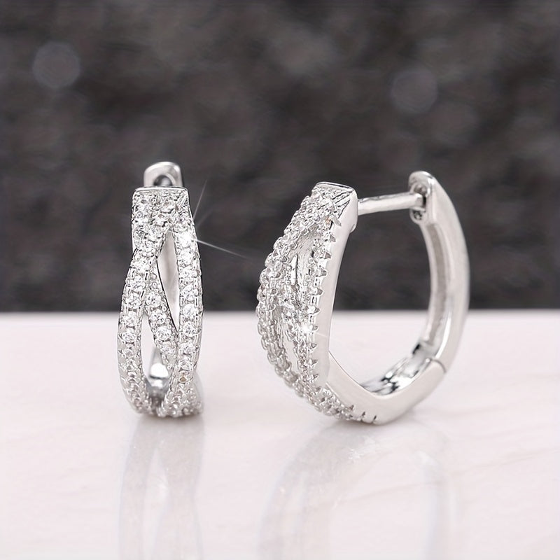 1 Pair Cross-twisted Interwoven 925 Silver-plated Zirconia Ring Earrings for Women's Everyday Casual Fashion Accessories