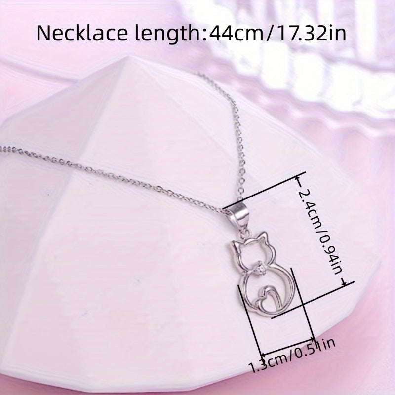 Cute kitten holding round Zirconia pendant necklace, stylish with a loving tail design, girl animal necklace, birthday gift, party and casual wear accessories