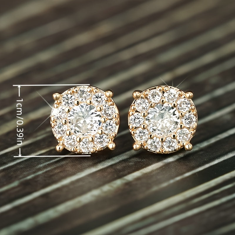 Party Ready, Elegant 18K Gold Plated Round Zirconia Earrings - Sparkling Halo Design, Nickel Free Copper for Casual Attire and Parties