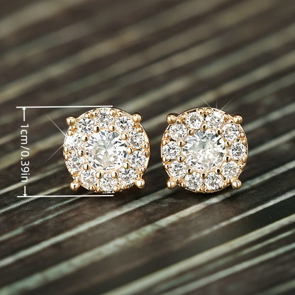 Party Ready, Elegant 18K Gold Plated Round Zirconia Earrings - Sparkling Halo Design, Nickel Free Copper for Casual Attire and Parties