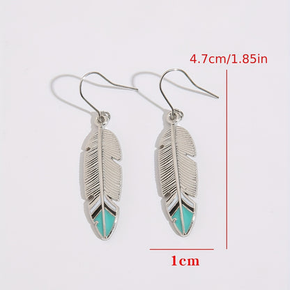 Antique Feather Leaf Design Pendant Earrings, Vintage Bohemian Zinc Jewelry, Holiday Earrings