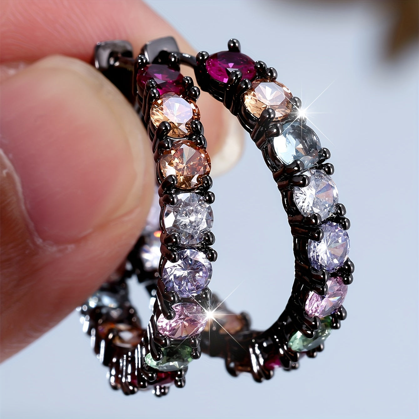 A pair of elegant bohemian rainbow full-ring earrings, suitable for women, with synthetic cubic Zirconia and copper bottom, suitable for parties and weddings, worn year-round.