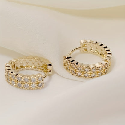 Exquisite double-row zircon inlaid copper-plated 18K gold earrings, elegant casual style, women's gift