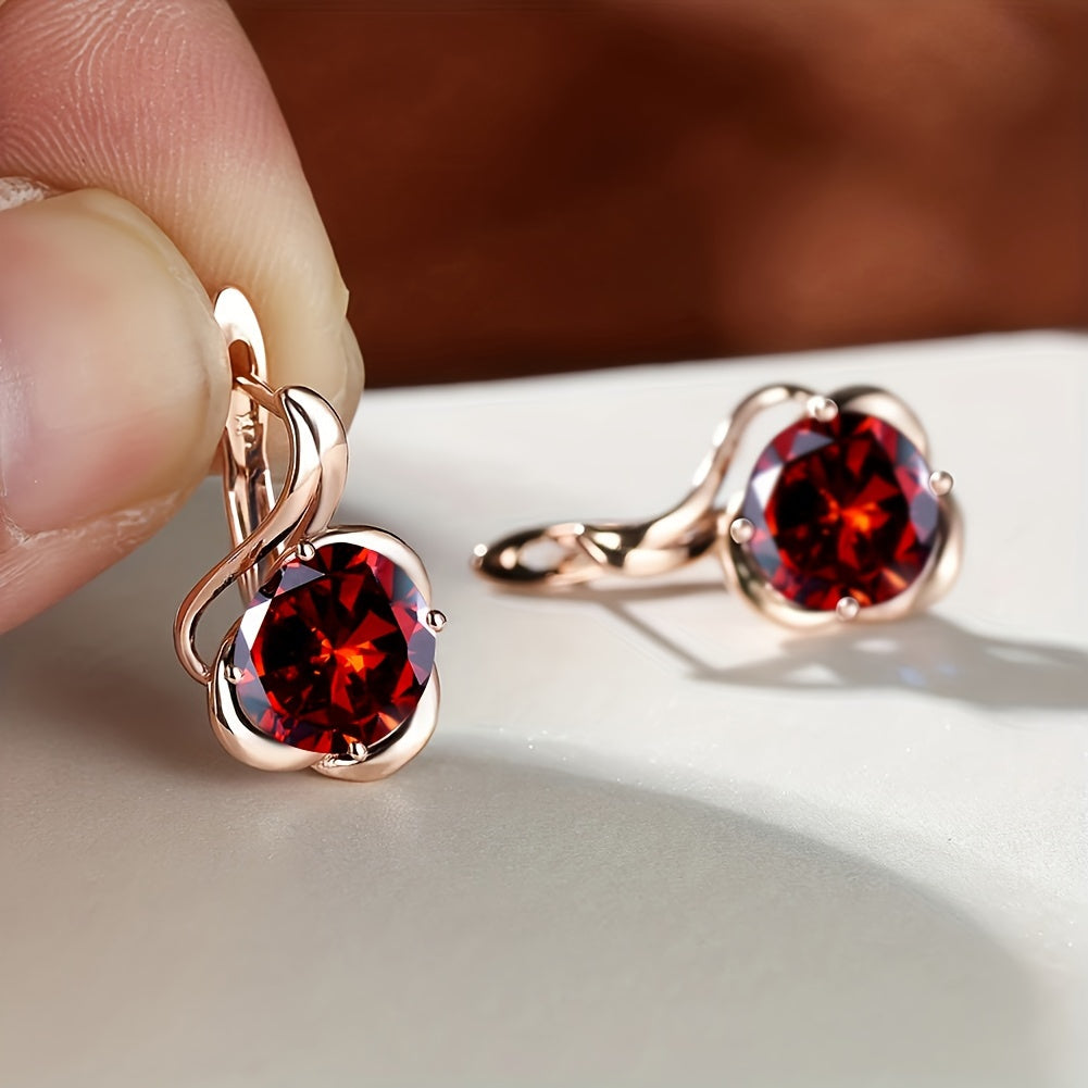 Flower-shaped British lock earrings with round shiny Zirconia, sweet copper earrings