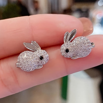 Cute Rabbit Stud Earrings, Copper Jewelry, Small Zirconia Inlay, Fashionable and Casual Style, Women's Daily Dating Earrings