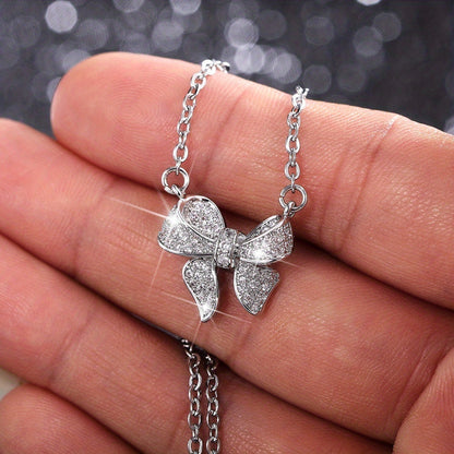 925 Silver Plated Elegant Bow Zircon Pendant Necklace Women's, Simple Elegant Engagement Clavicle Necklace, Wedding Anniversary Jewelry Accessories