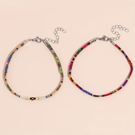 Bohemian hand-colored woven anklet set, Women's 2-piece set, suitable for beach vacation party feet