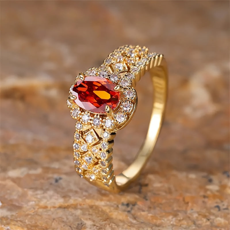 Vintage Luxury 4-Claw Oval Red Synthetic Gemstone Anniversary Ring Set with Zircon Elegant Jewelry Engagement Gift Valentine's Day Gift