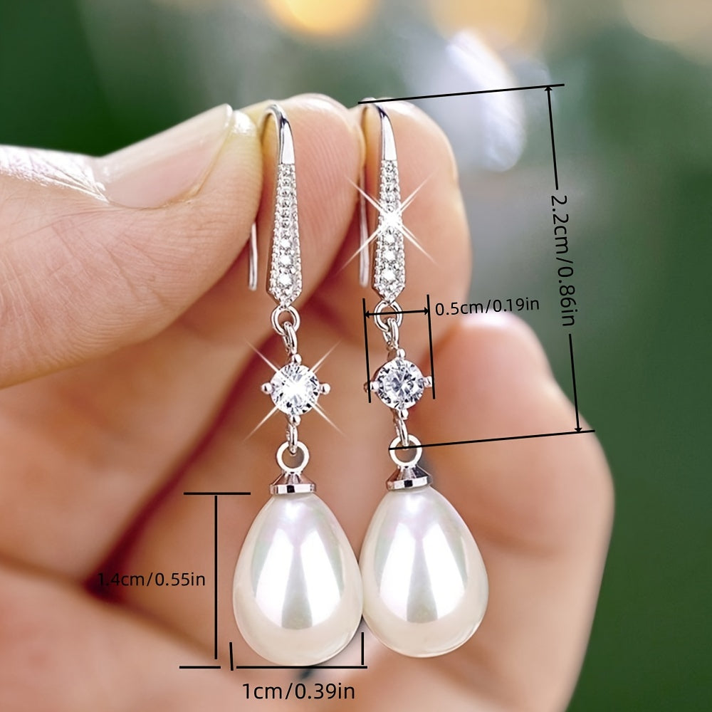 Charming Ladies Pearl Pendant 925 Silver Plated Zirconia Pendant Earrings for Girls, Brides Romantic Engagement Jewelry, Anniversary Gifts