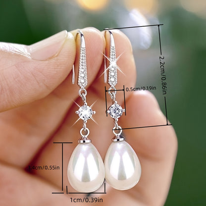Charming Ladies Pearl Pendant 925 Silver Plated Zirconia Pendant Earrings for Girls, Brides Romantic Engagement Jewelry, Anniversary Gifts