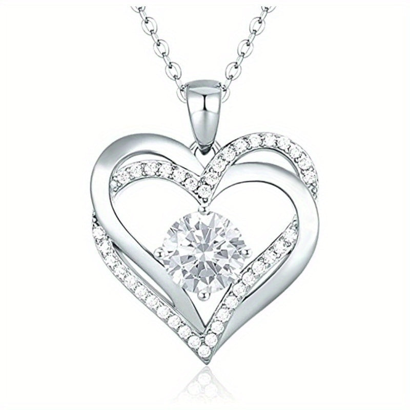 Exquisite fashion 925 silver-plated dense zircon double heart pendant necklace lady bride wedding romantic gift