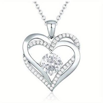 Exquisite fashion 925 silver-plated dense zircon double heart pendant necklace lady bride wedding romantic gift