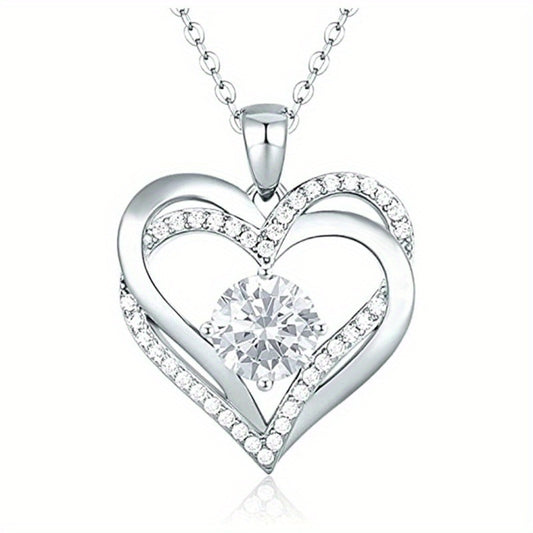Exquisite fashion 925 silver-plated dense zircon double heart pendant necklace lady bride wedding romantic gift