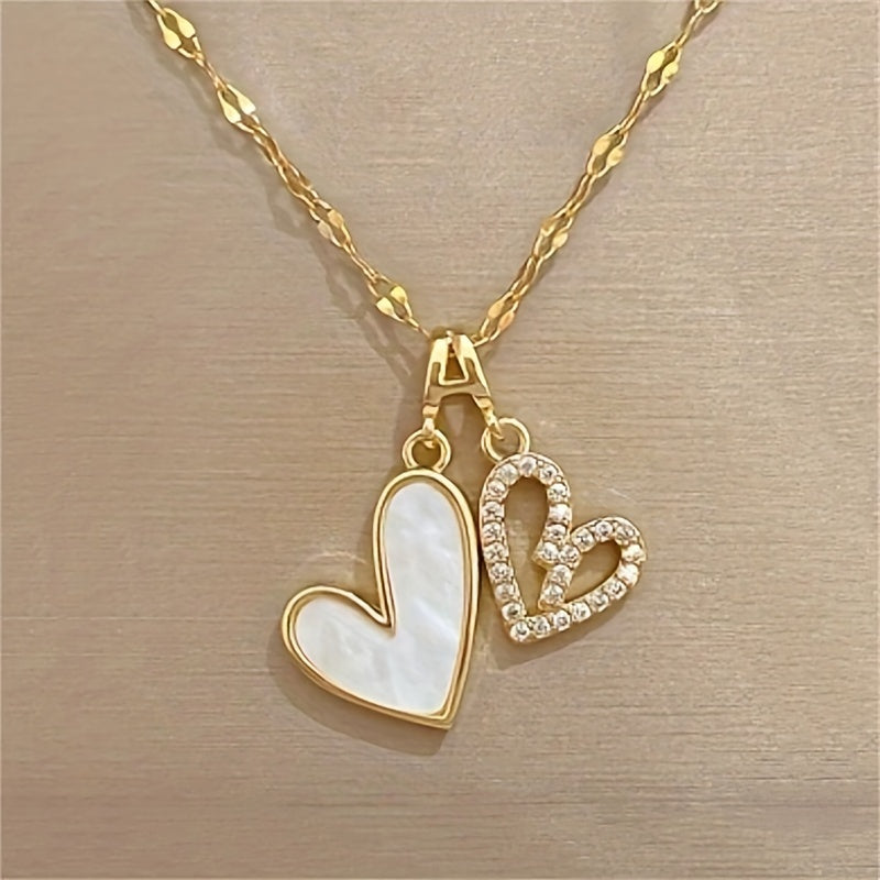 Stylish Double Heart Pendant Necklace, Imitation Shell & Cubic Zirconia - 18K Gold Plated, Stainless Steel - Perfect for Anniversaries, Birthdays, Christmas Gifts