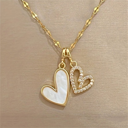 Stylish Double Heart Pendant Necklace, Imitation Shell & Cubic Zirconia - 18K Gold Plated, Stainless Steel - Perfect for Anniversaries, Birthdays, Christmas Gifts
