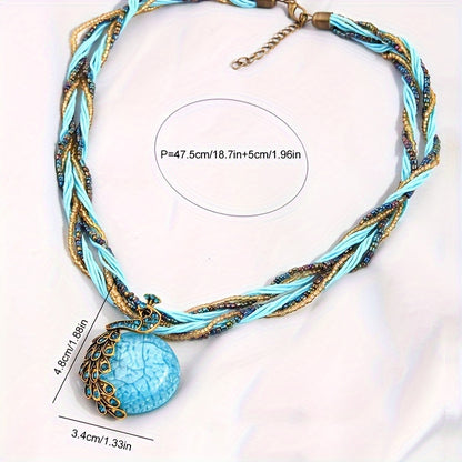 Bohemian style retro socialite peacock blue rice bead multi-layer short necklace imitation stone pendant necklace Women's jewelry gift