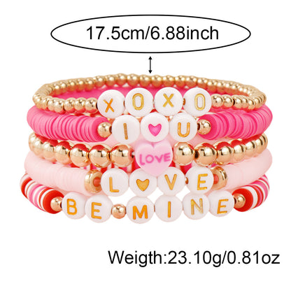 5-Piece Valentine's Day Soft Clay Bracelet with Love Pink Heart Letters and Beads for Holiday Gifts