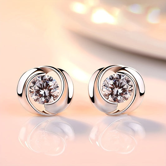 Round inlaid shiny zircon stud earrings, women's daily casual party stud earrings jewelry gift
