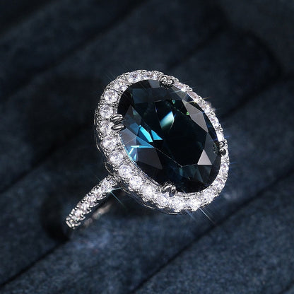 New Fashion 925 Silver Plated 4 Claw Oval Blue Gemstone Sub-Stone Zirconia Ring, Ladies Daily Casual Party Jewelry