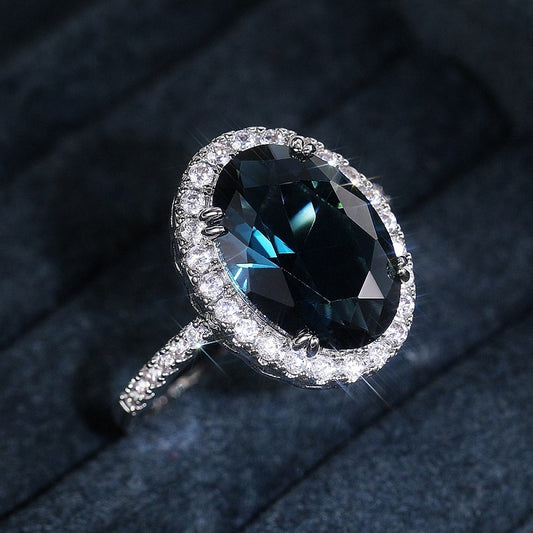 New Fashion 925 Silver Plated 4 Claw Oval Blue Gemstone Sub-Stone Zirconia Ring, Ladies Daily Casual Party Jewelry