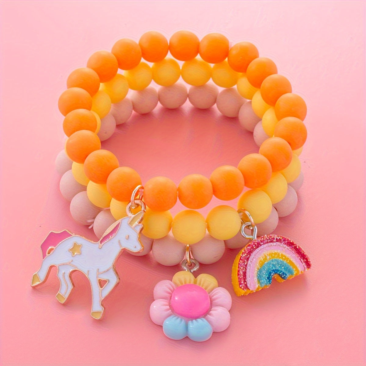 3Pcs Cute Unicorn, Sunflower, Rainbow Charm Beaded Unicorn Sunflower Rainbow Bracelet Set