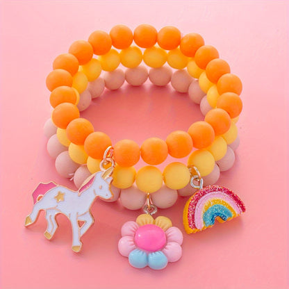 3Pcs Cute Unicorn, Sunflower, Rainbow Charm Beaded Unicorn Sunflower Rainbow Bracelet Set