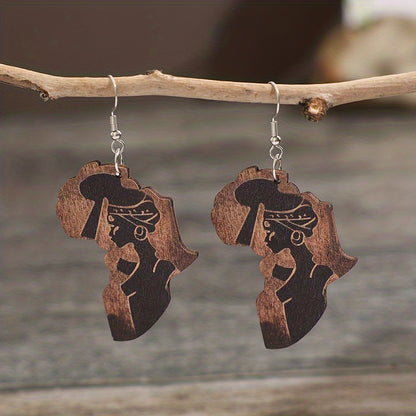 Africa map creative design, with black beautiful pattern, pendant earrings, retro ethnic style wooden jewelry, fashionable women's gifts