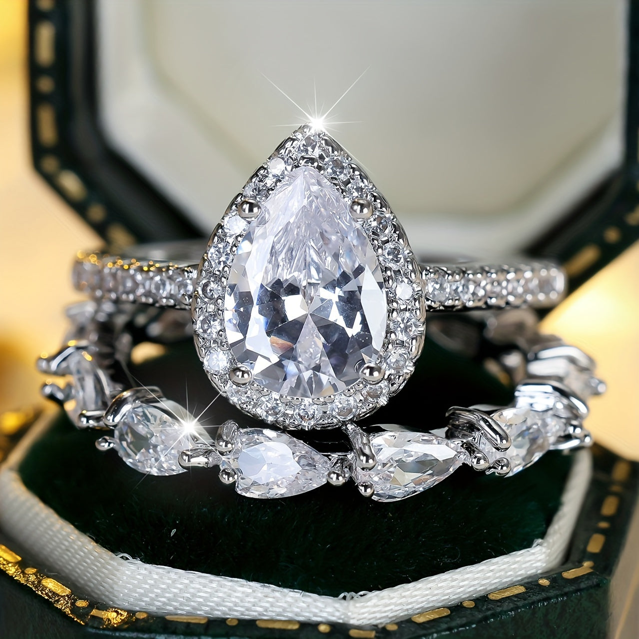 Vintage Elegant Bridal Ring Set with Pear Cut Cubic Zirconia and Copper Strap, Unplated, Zirconia Laid, Perfect for Weddings and Engagements - 2 Piece Set