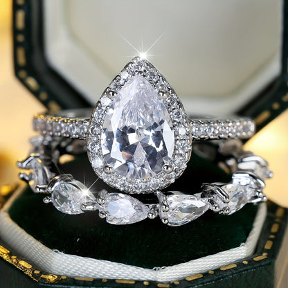 Vintage Elegant Bridal Ring Set with Pear Cut Cubic Zirconia and Copper Strap, Unplated, Zirconia Laid, Perfect for Weddings and Engagements - 2 Piece Set